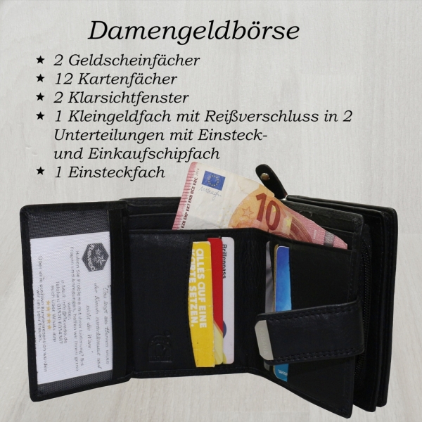 flevado Damengeldbörse Brieftasche Echt Leder mit Riegelverschluss RFID Schutz Handarbeit Schwarz